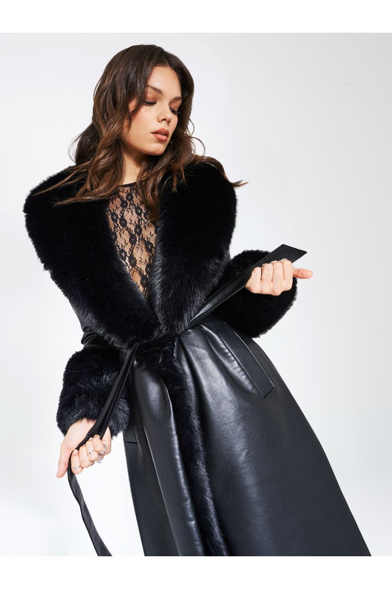 Zaida Full-Length Vegan Leather Fur Trim Coat, Alternate, color, Black