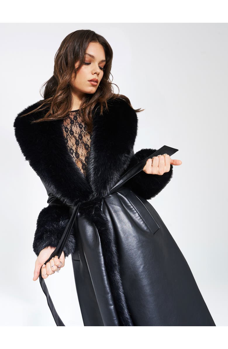 Miss Circle Zaida Full-Length Vegan Leather Fur Trim Coat, Alternate, color, Black