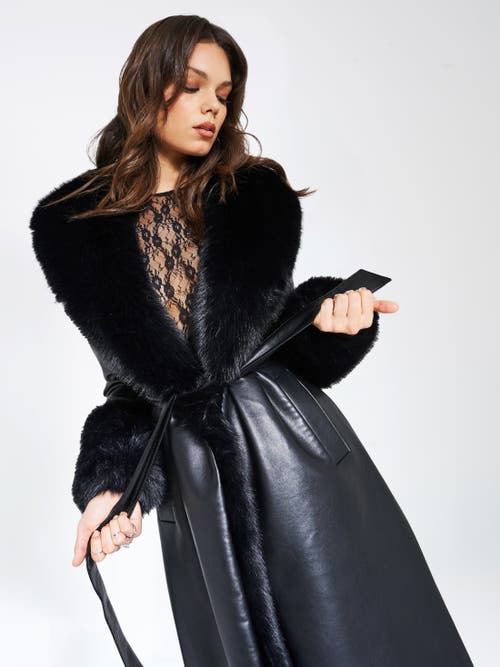 Miss Circle Zaida Full-length Vegan Leather Fur Trim Coat In Black