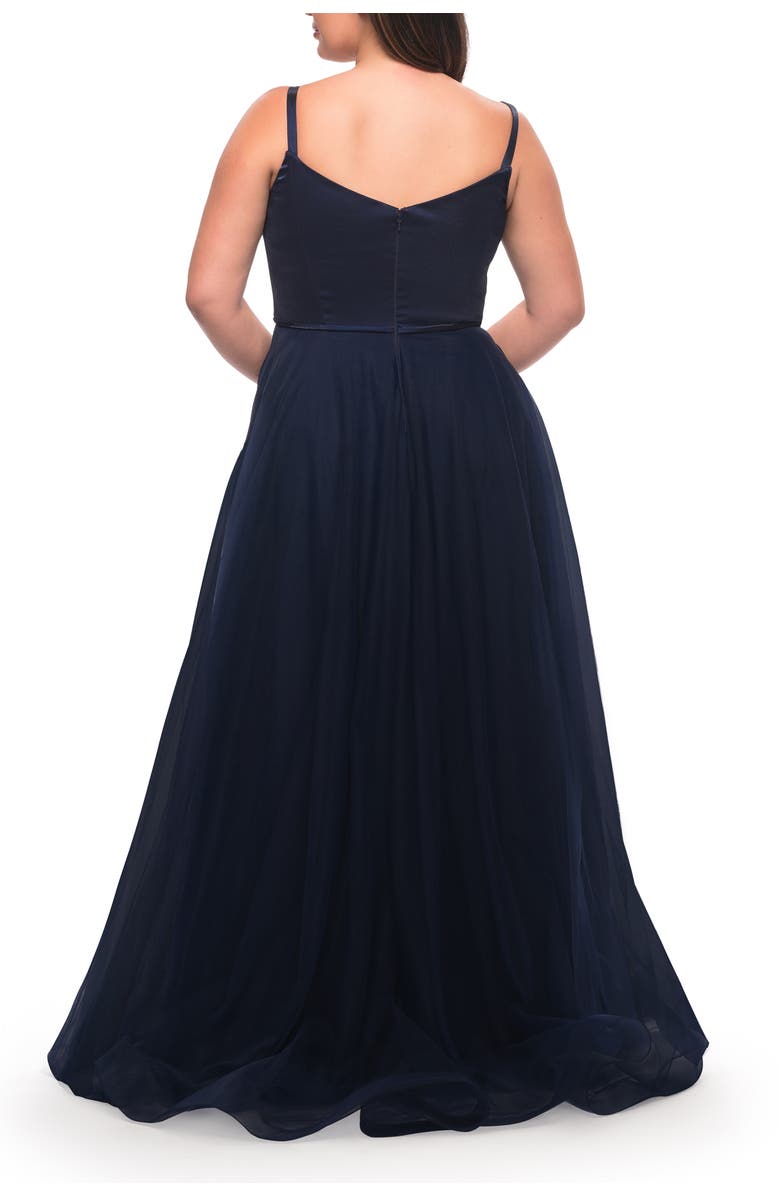 La Femme Long Plus Size Gown with Tulle Skirt and Satin Top, Alternate, color, Navy