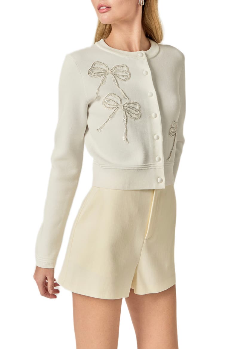 Embellished Bow Button Front Cardigan, Alternate, color, OFF WHITE