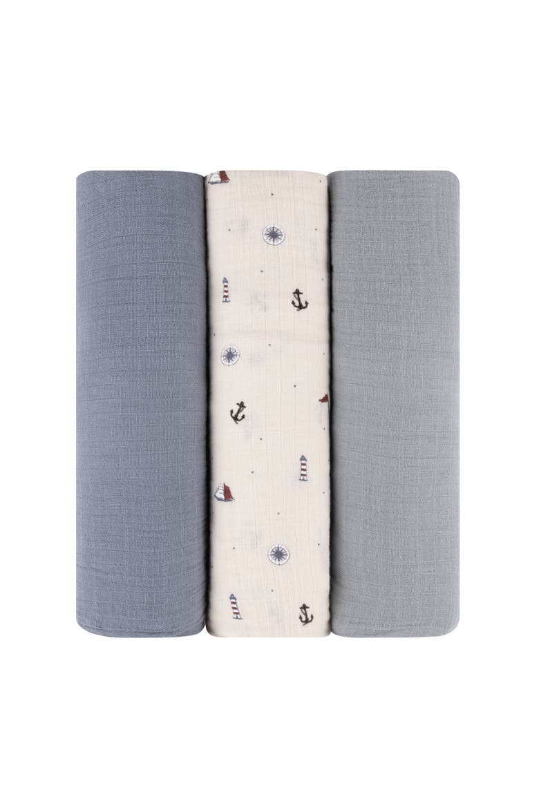 Cotton Muslin Swaddle Blanket 3 Pack, Main, color, Blue Nautical