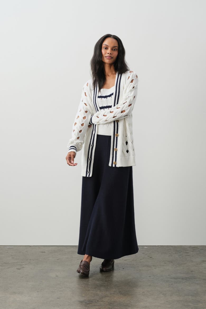 Mirra Oversized Cable Knit Cardigan, Alternate, color, TENNIS WHITE/CLUB BLUE
