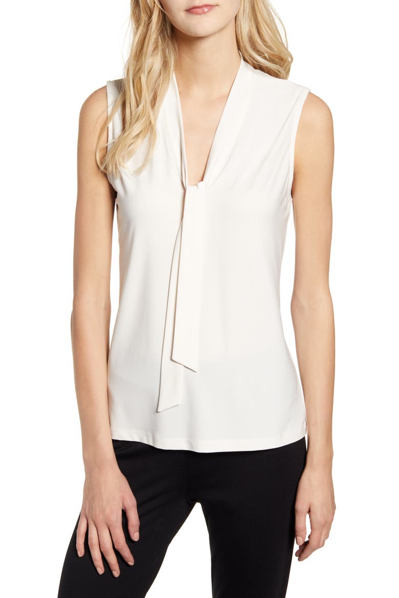 Sleeveless V-Neck Tie Front Blouse, Main, color, ANNE WHITE