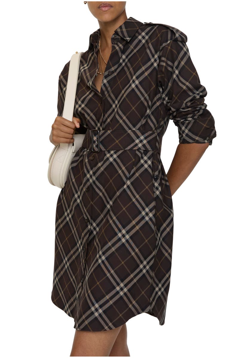 Burberry Check Cotton Flannel Shirt Dress, Main, color, Truffle Brown