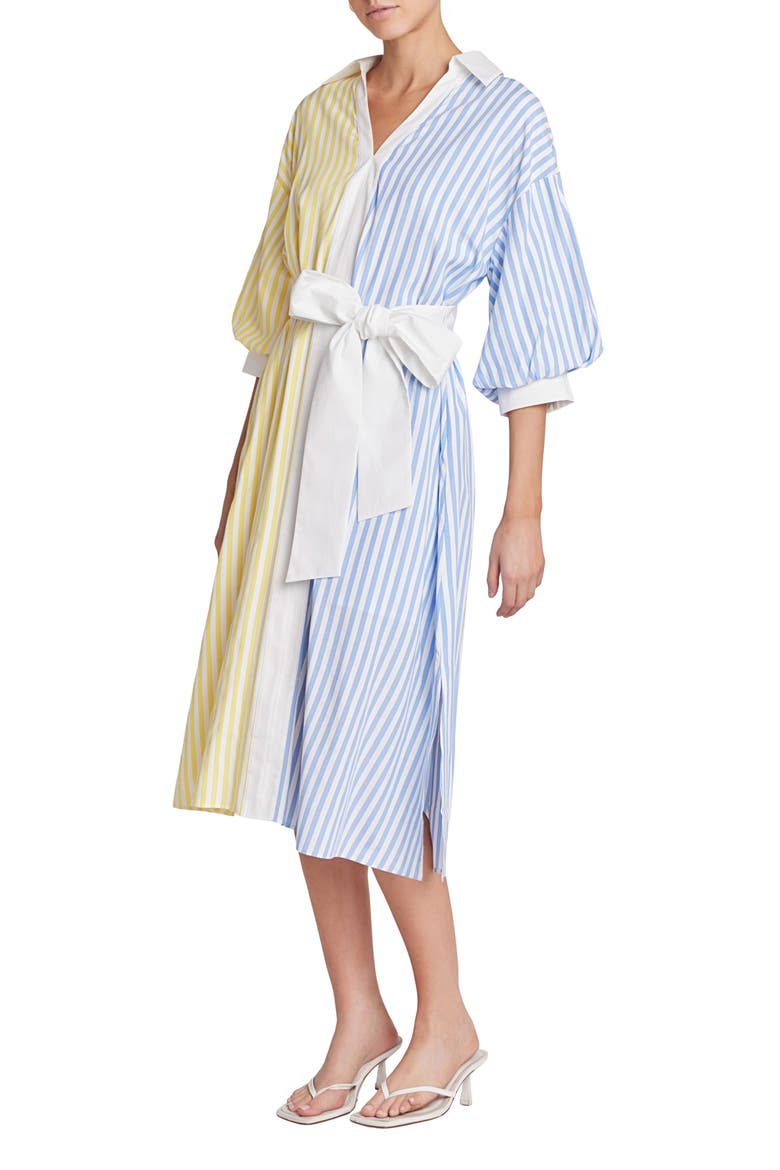 Blouson Sleeve Tie Waist Midi Shirtdress, Alternate, color, BLUE/ YELLOW