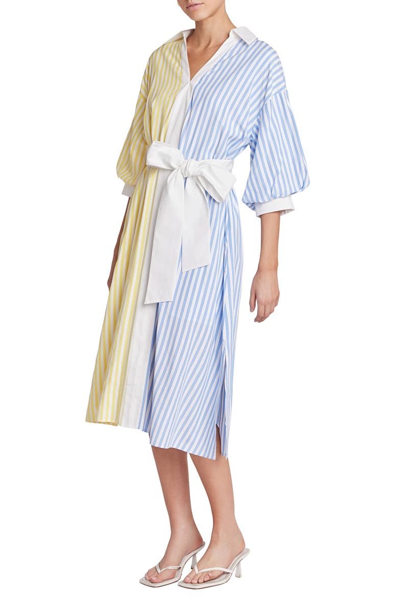 English Factory Blouson Sleeve Tie Waist Midi Shirtdress, Alternate, color, Blue/ Yellow
