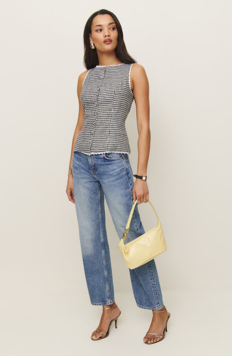 Reformation Amela Linen Button-Up Top, Alternate, color, Remy Check
