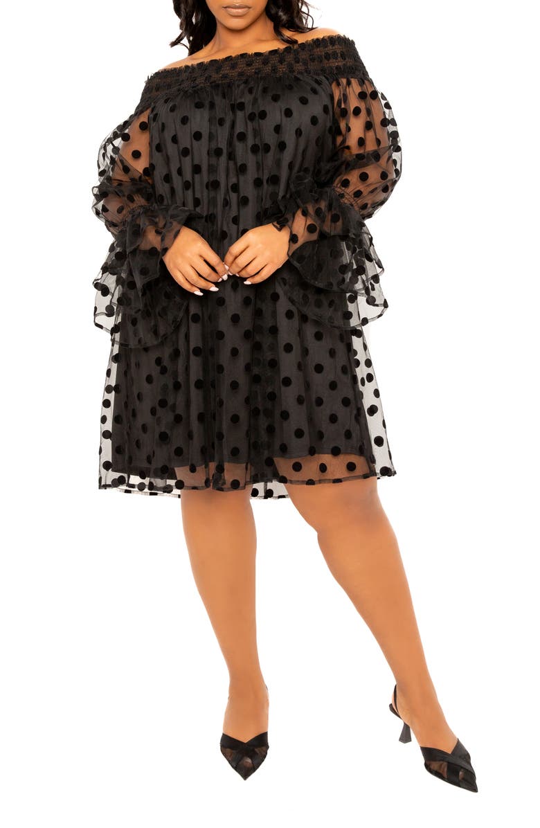 BUXOM COUTURE Flock Dot Off the Shoulder Dress, Main, color, Black