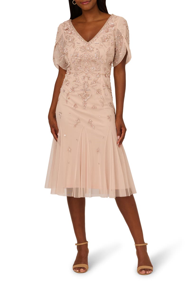 Adrianna Papell Beaded Mesh Godet Midi Cocktail Dress, Main, color, 