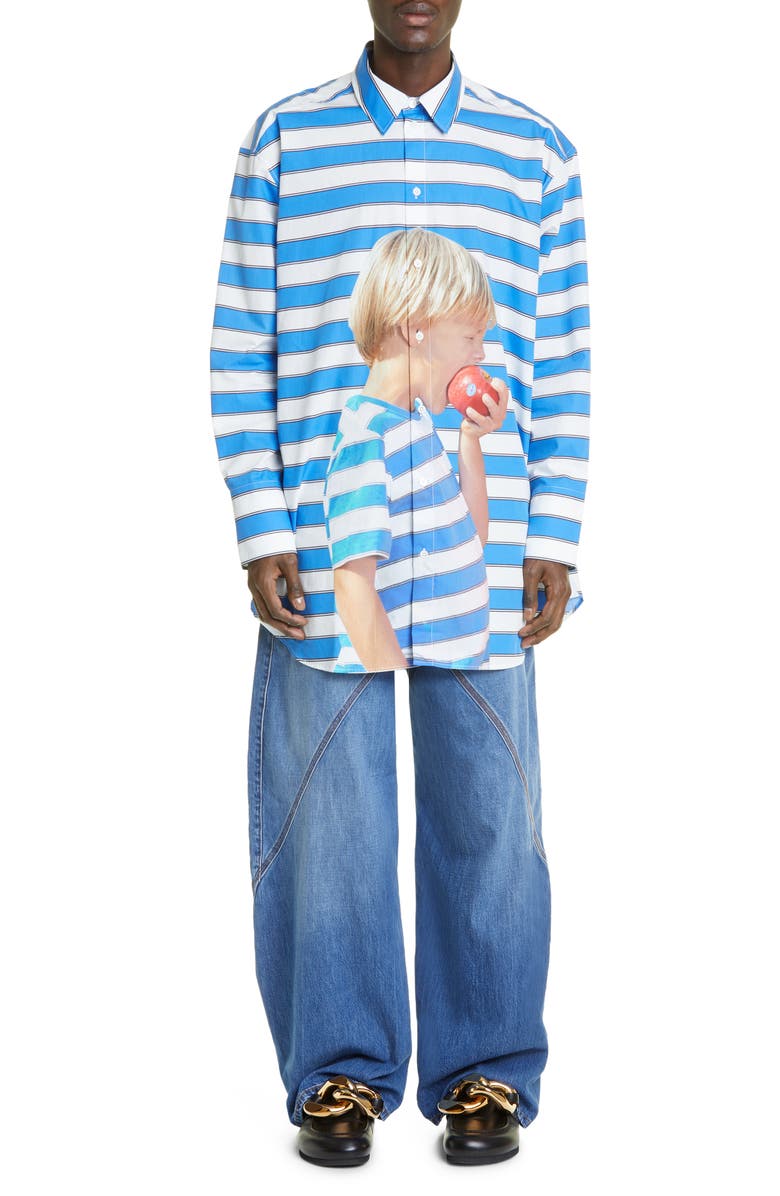 JW Anderson Stripe Boy with Apple Graphic Oversize Cotton Shirt, Alternate, color, 