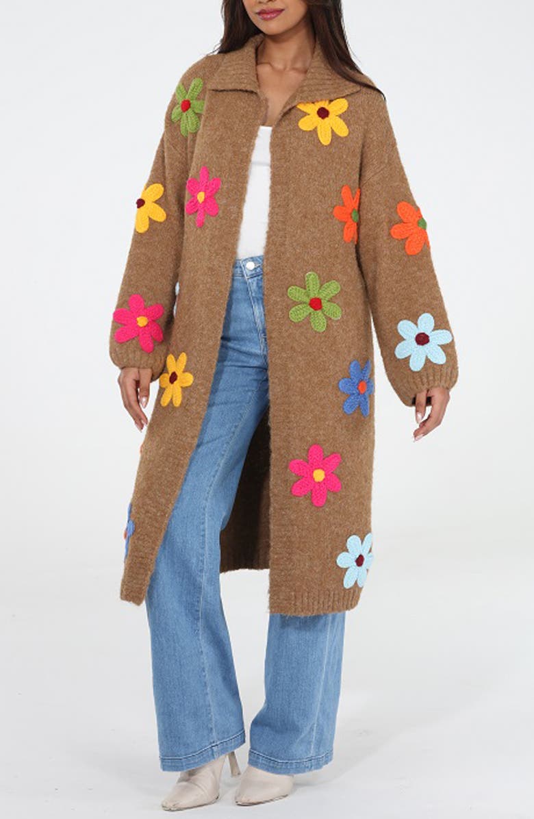 RAIN AND ROSE Flower Pop Longline Coatigan, Main, color, Mocha