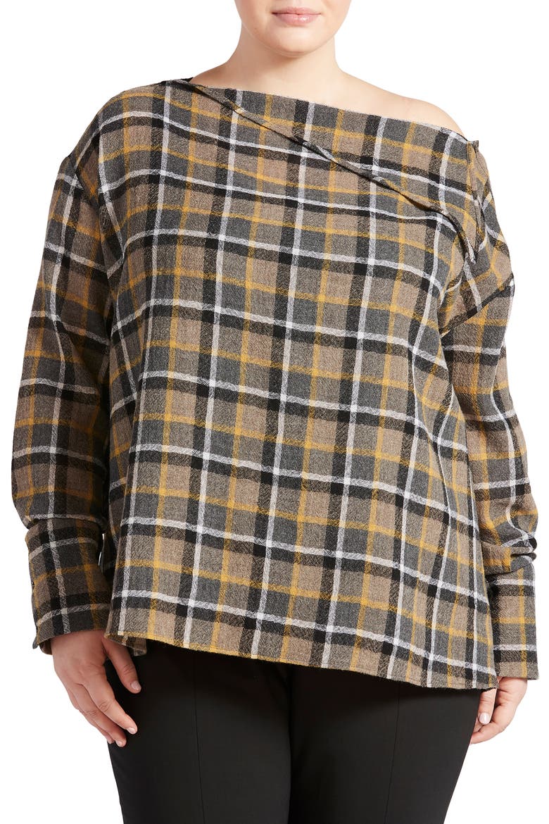 Plaid Wool Gauze Button Shoulder Top, Main, color, YELLOW MULTI