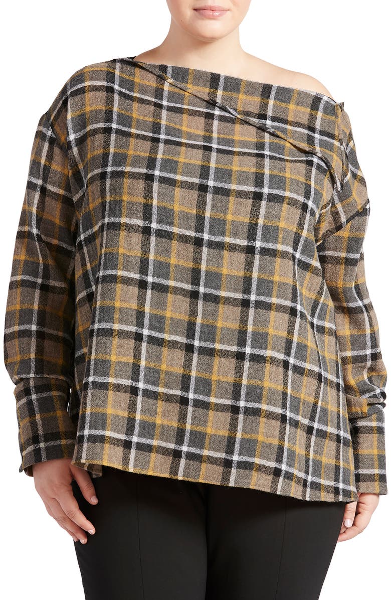 Pari Passu Plaid Wool Gauze Button Shoulder Top, Main, color,