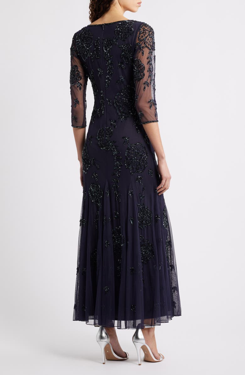 Pisarro Nights Beaded Floral Mesh Gown, Alternate, color, Slate 421