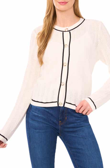 CeCe Contrast Detail Cotton Cardigan