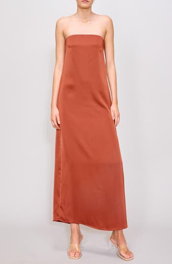 Melloday Strapless Satin Midi Dress In Rust