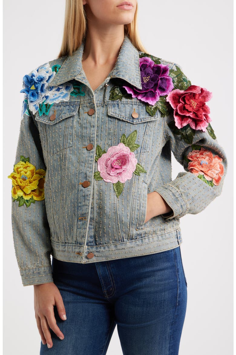 Blossom Embroidered Floral Appliqué Denim Trucker Jacket, Alternate, color, LIGHT BLUE