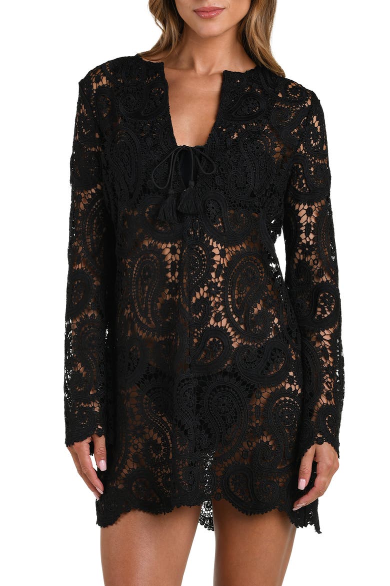 Ansley Paisley Long Sleeve Cover-Up Dress, Main, color, BLACK
