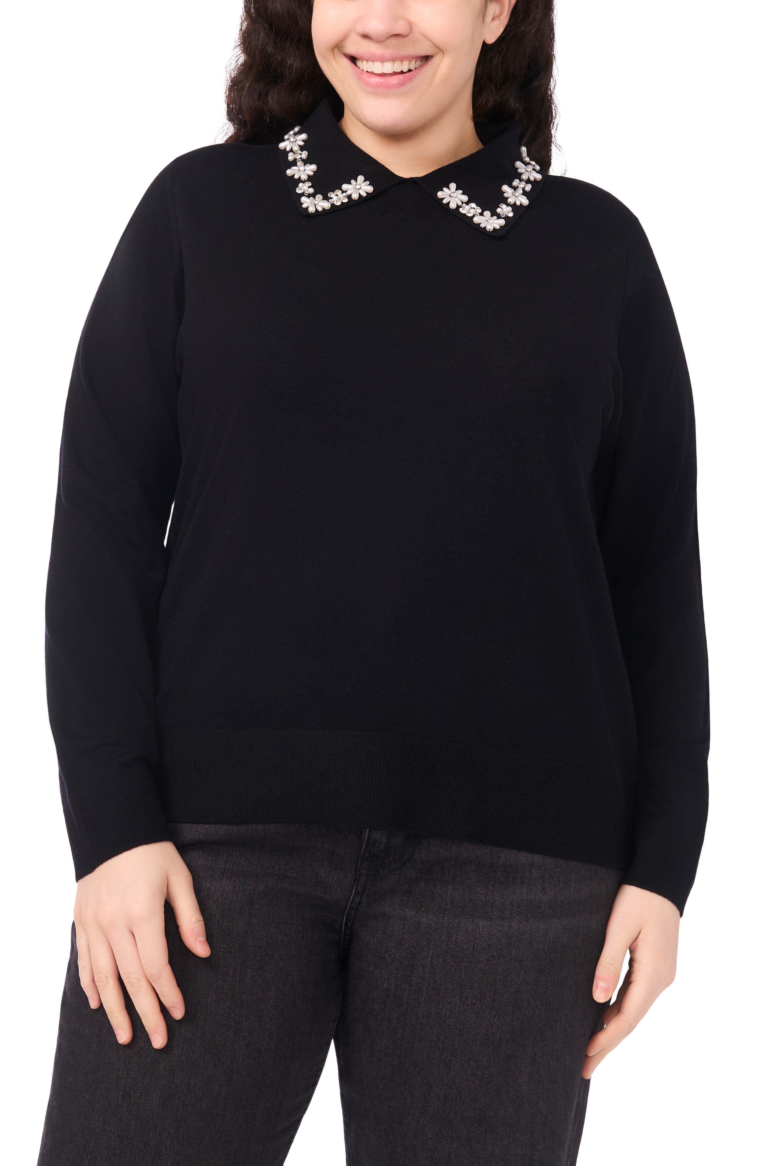 CeCe Faux Pearl & Rhinestone Detail Collared Sweater