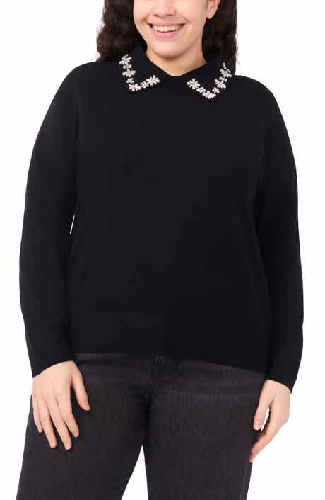 CeCe Faux Pearl & Rhinestone Detail Collared Sweater