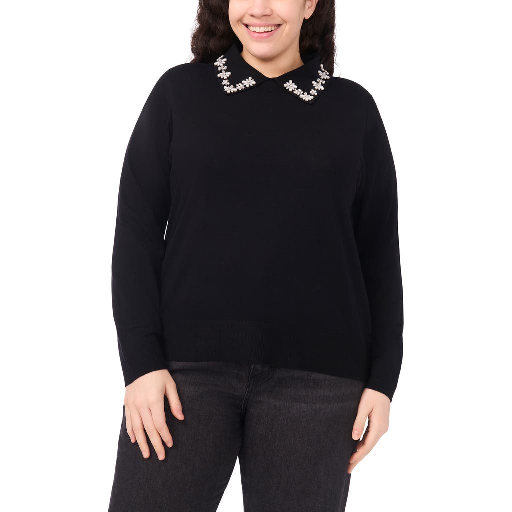 Cece Faux Pearl & Rhinestone Detail Collared Sweater In Black