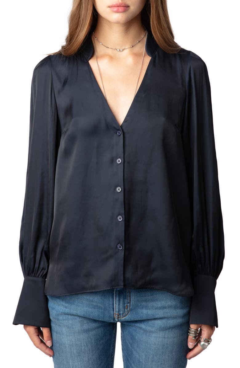 Zadig & Voltaire Tinous V-Neck Satin Shirt, Main, color, Encre