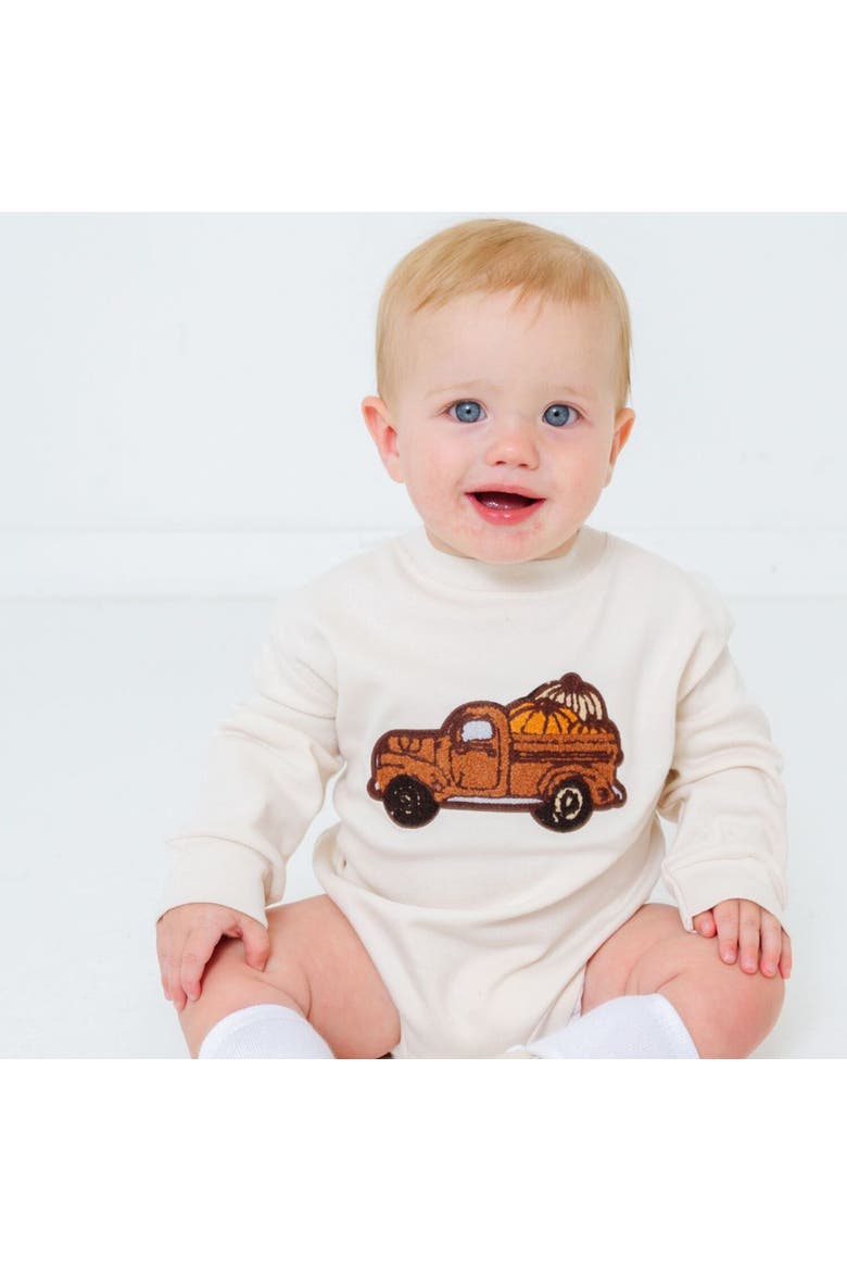 Fall Truck Patch Long Sleeve Romper, Alternate, color, Natural