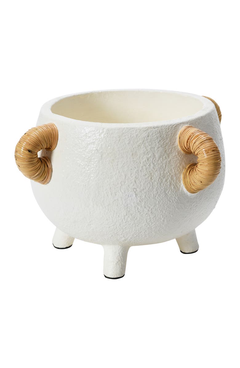 Storied Home Round Terra-cotta Footed Planter with Rattan Wrapped Decorative Handles, Cream and Natural, Main, color, 