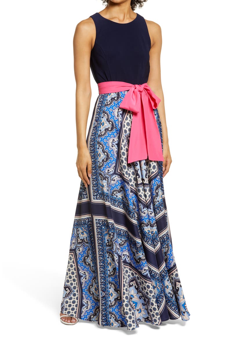 Twofer Mixed Media Scarf Print Maxi Dress, Main, color, NAVY