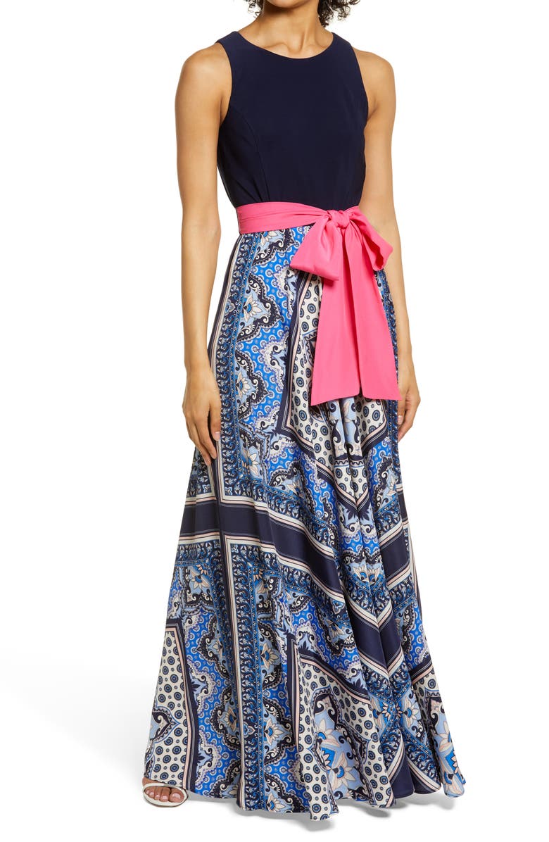 Eliza J Twofer Mixed Media Scarf Print Maxi Dress, Main, color,