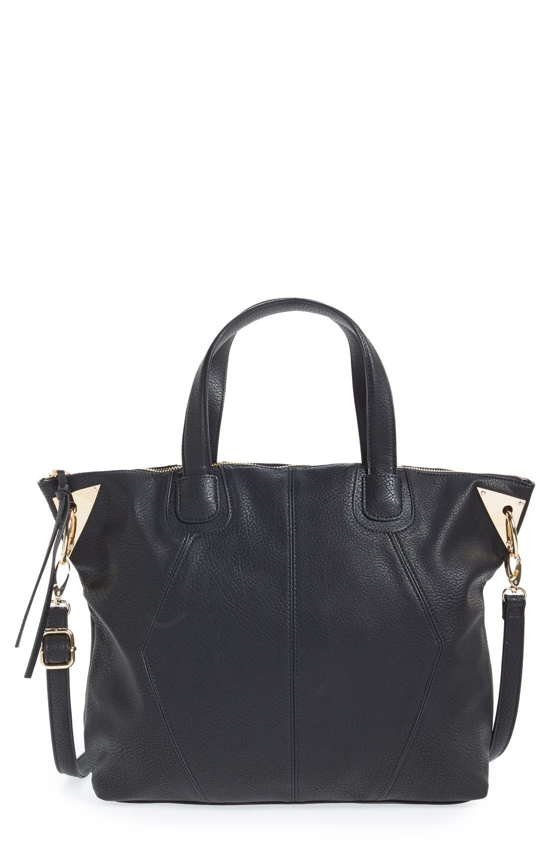Dolce Girl Metal Accent Faux Leather Satchel, Main, color, BLACK