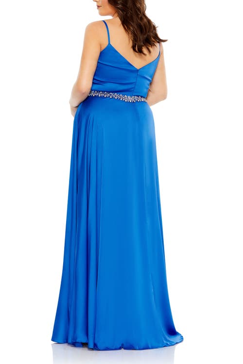 Shop Mac Duggal Beaded Belt Faux Wrap A Line Gown In Cobalt