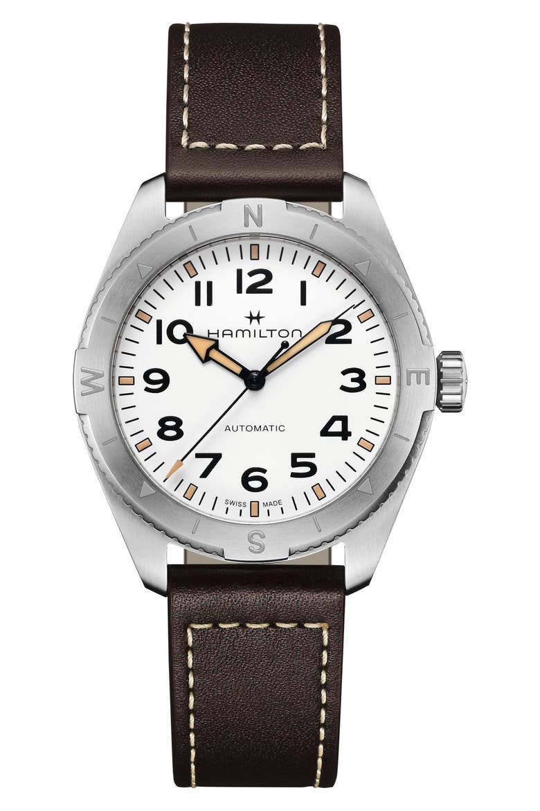 Khaki Field Expedition Automatic Leather Strap Watch, 41mm, Main, color, WHITE