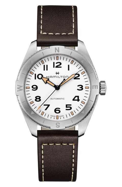 Khaki Field Expedition Automatic Leather Strap Watch, 41mm