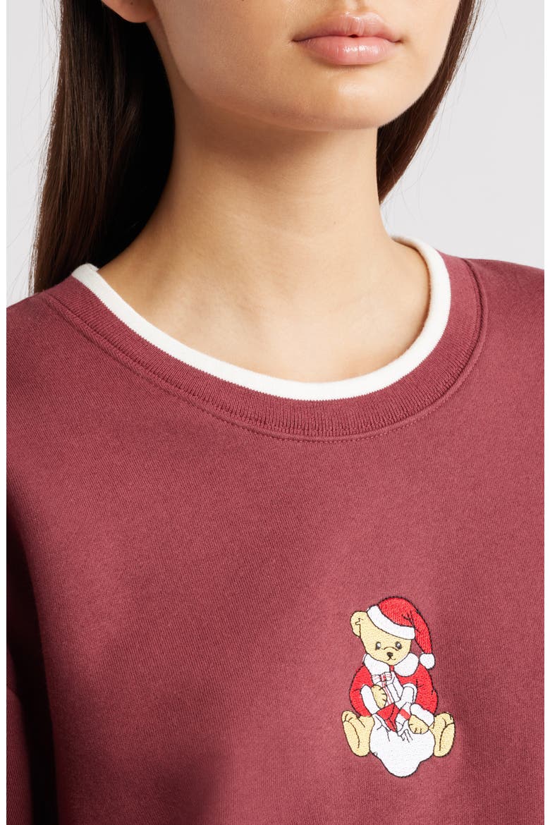 Teddy Bear Santa Embroidered Graphic Sweatshirt, Alternate, color, OXBLOOD RED