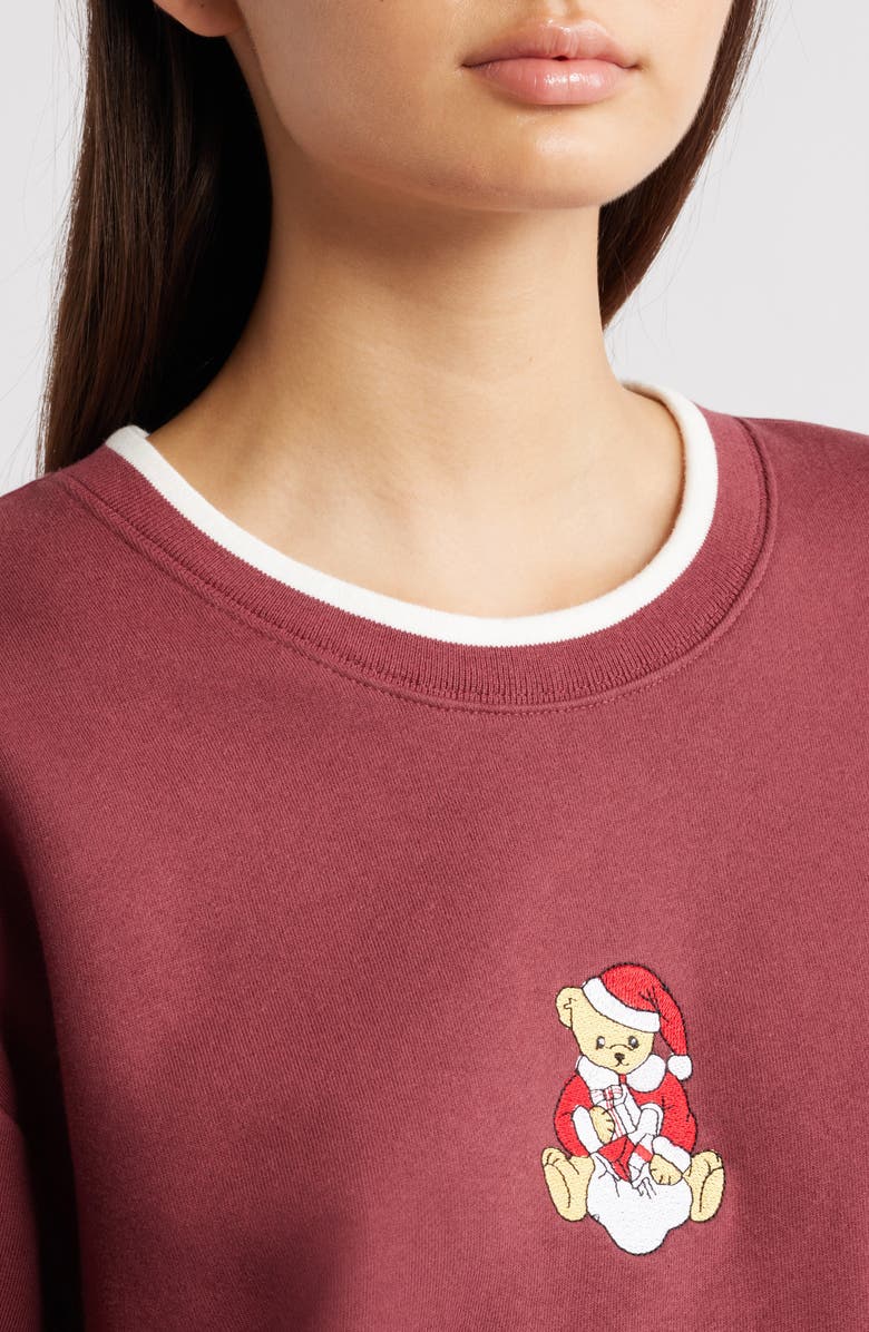 GOLDEN HOUR Teddy Bear Santa Embroidered Graphic Sweatshirt, Alternate, color, Oxblood Red