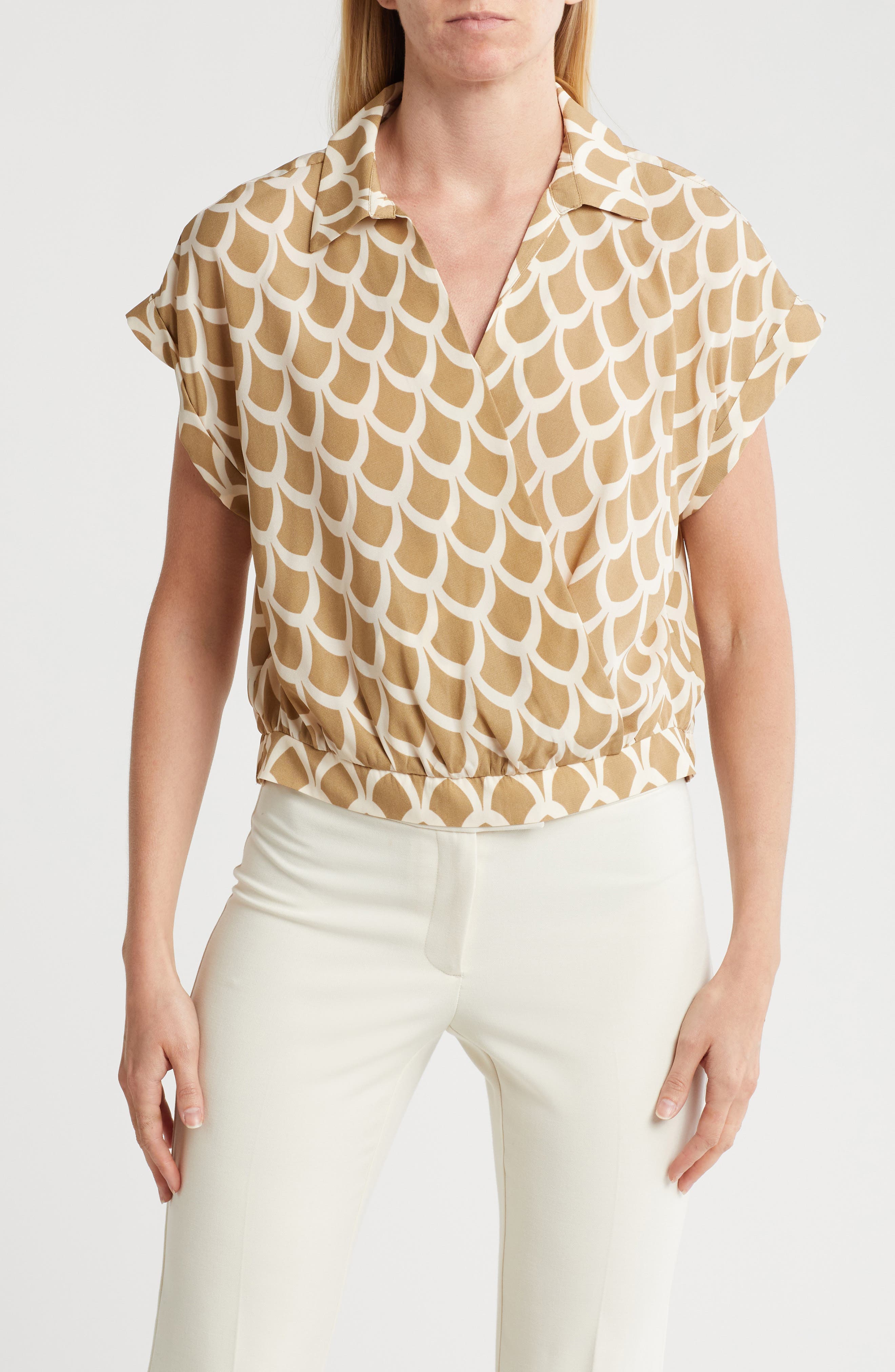 Pleione Collared Short Sleeve Faux Wrap Crop Top