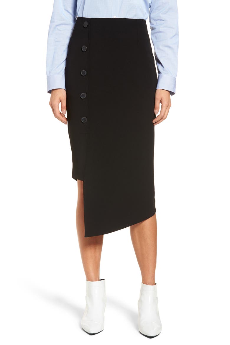 Button Detail Asymmetrical Skirt, Main, color, BLACK