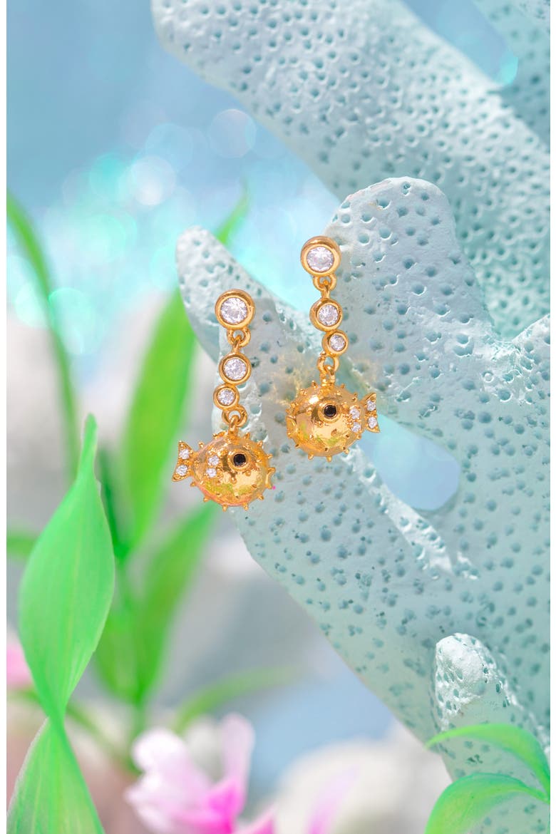 Pufferfish Cubic Zirconia Dangle Earrings, Alternate, color, GOLD
