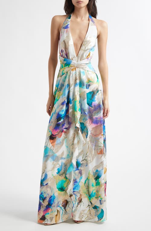 Shop Ramy Brook Stefanie Metallic Plunge Gown In Ivory Marble