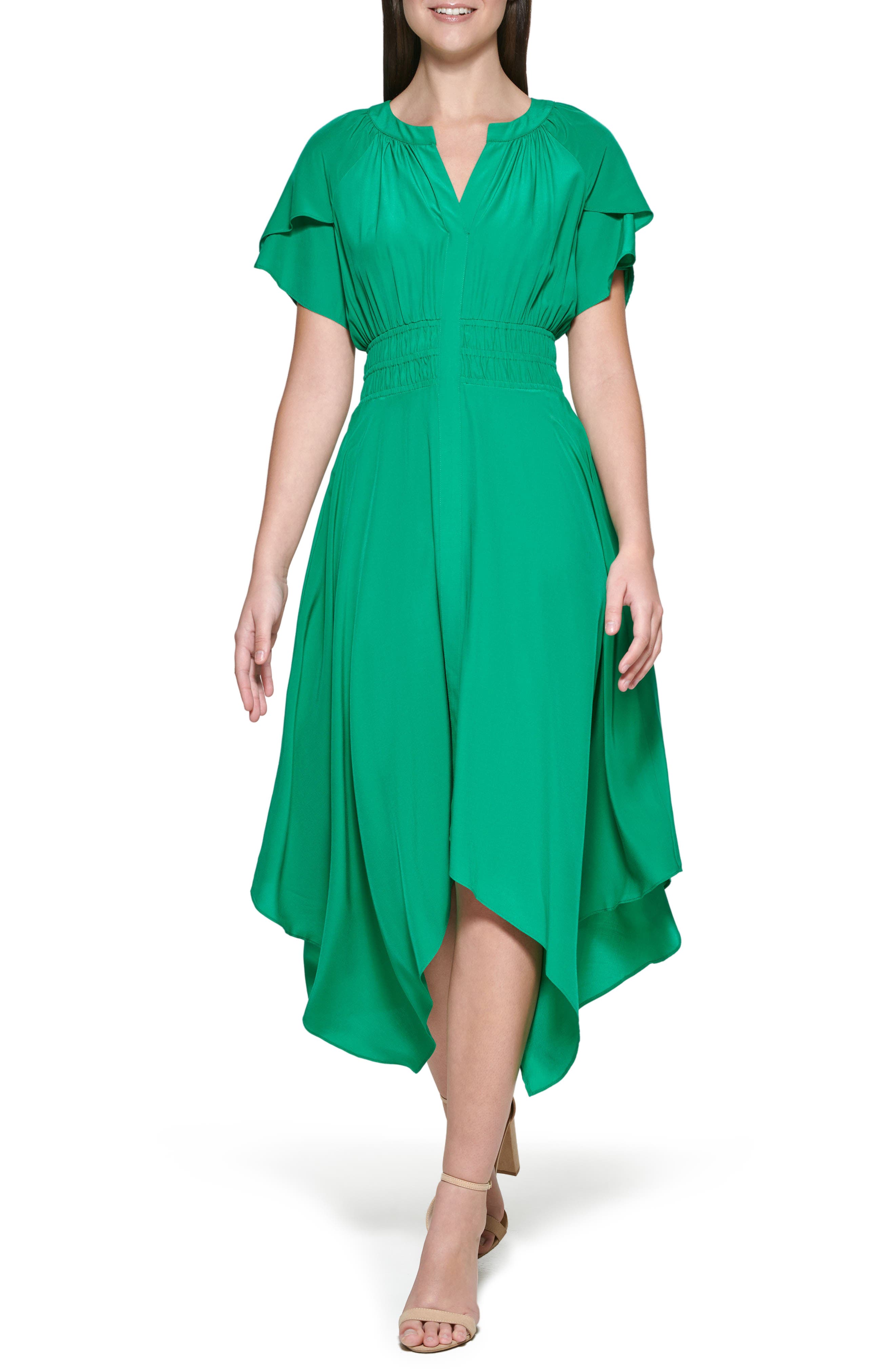 Kensie Flutter Sleeve High-Low Maxi Dress