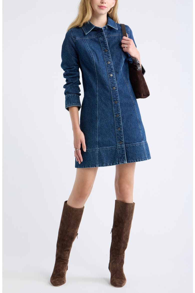 Fit and Flare Denim Minidress, Alternate, color, DARK MID WASH