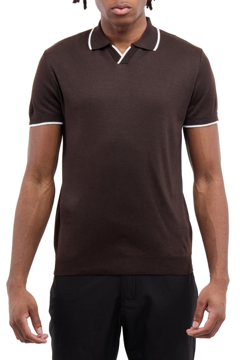 Short Sleeve Johnny Collar Polo Sweater, Main, color, BROWN/ WHITE