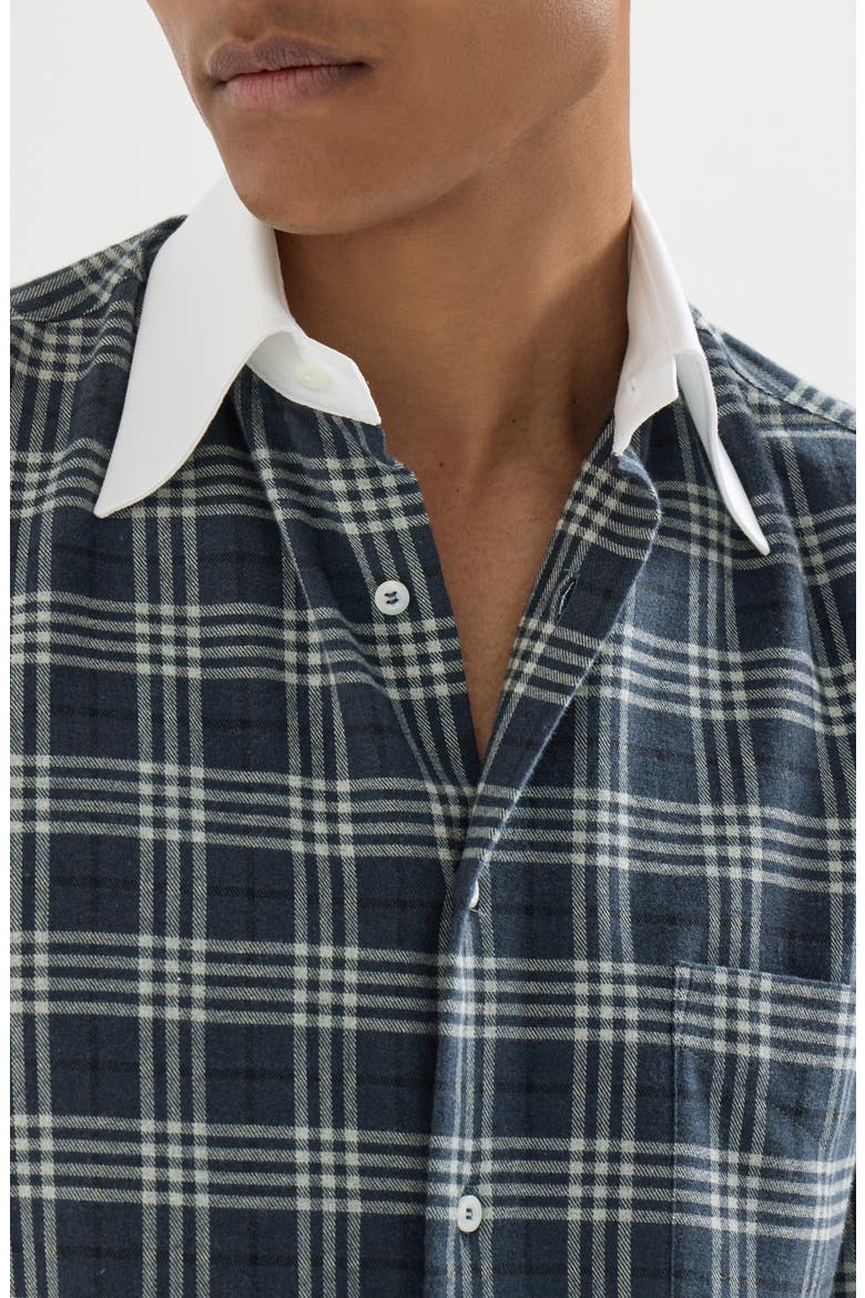Cotton and lyocell tartan flannel shirt with contrast Italian collar and cuffs, Alternate, color, Denim