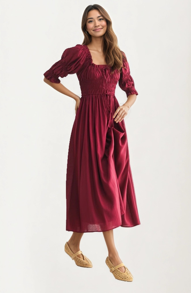 Knit and Lounge Smocked Bodice Puff Sleeve Maxi Dress, Alternate, color, 
