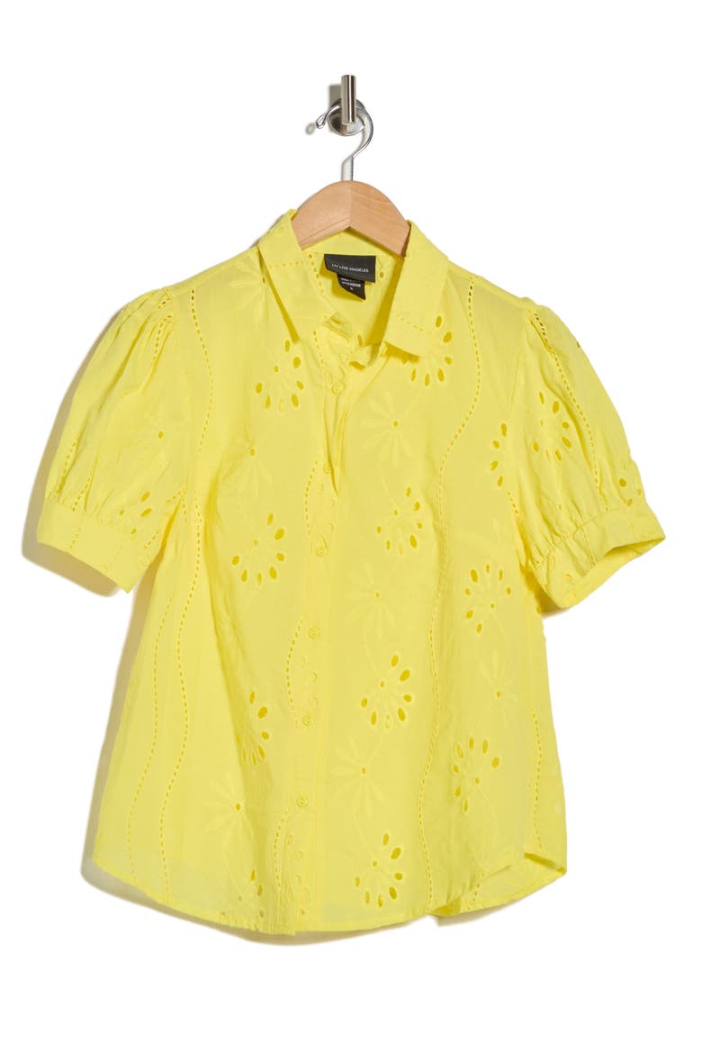 Eyelet Short Sleeve Button-Up Shirt, Alternate, color, YELLOW