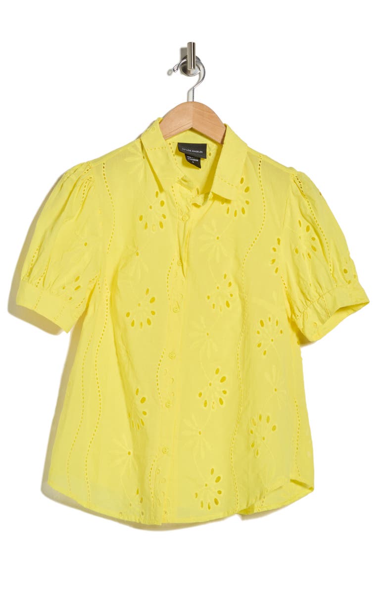 Forgotten Grace Eyelet Short Sleeve Button-Up Shirt, Main, color, Yellow
