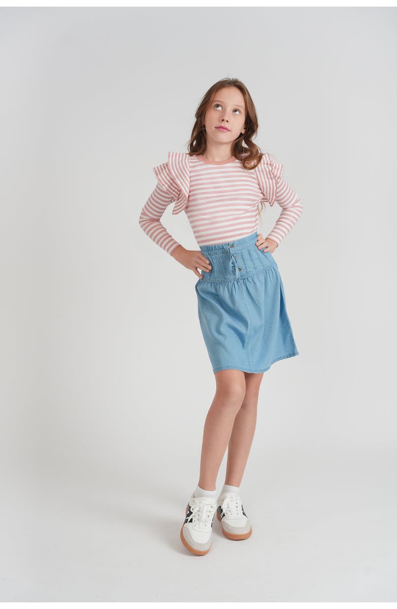Pinky Promise Striped Rib Ruffle Shoulder Stretch T Shirt, Alternate, color, Blue