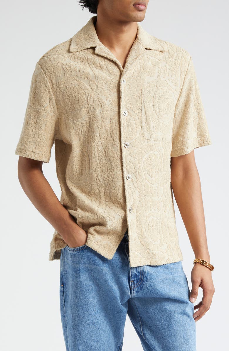 Versace Barocco Towel Cotton Terry Camp Shirt, Main, color, Light Sand